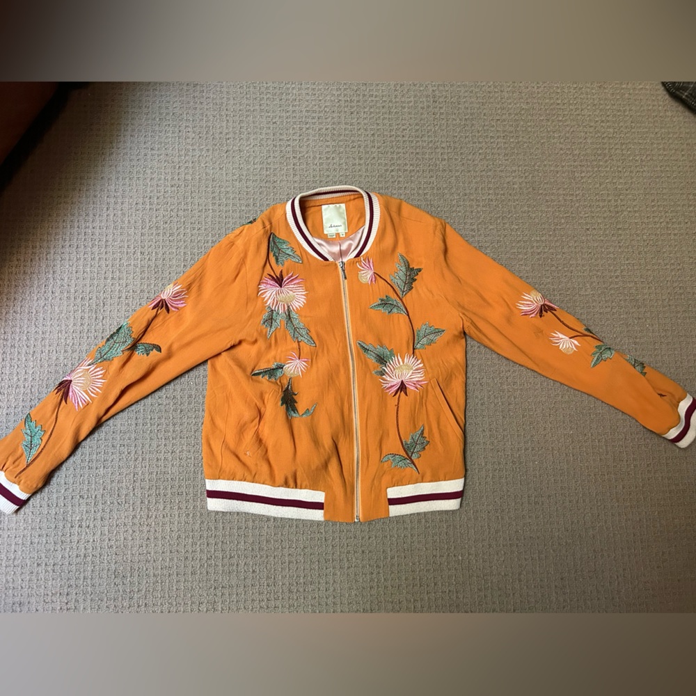 Anthropologie Elevenses orange embroidered flower bomber jacket
